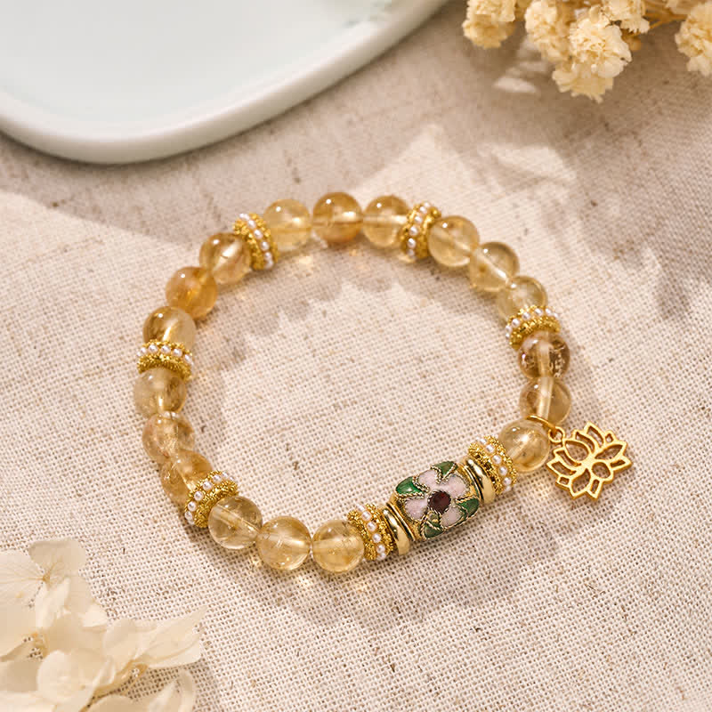 Buddha Stones Citrine Lotus Pendant Enamel Barrel Bead Abundance Hand-polished Round Bead Bracelet