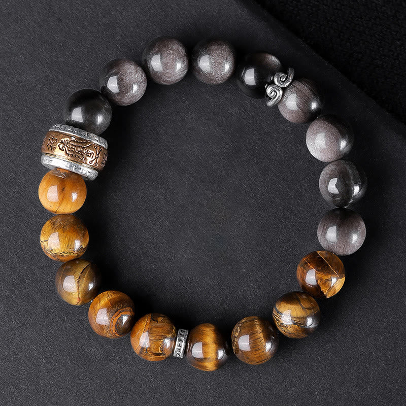 Buddha Stones Natural Silver Sheen Obsidian Tiger’s Eye Six True Words ‘Om Mani Padme Hum’ Strength Bracelet