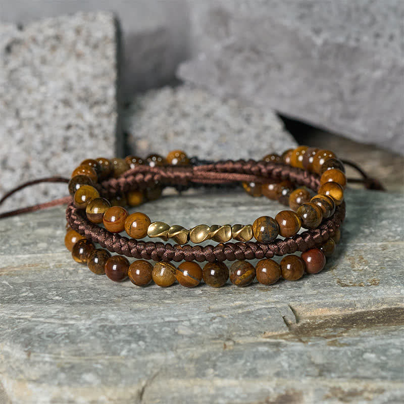 Buddha Stones 3Pcs Natural Tiger Eye Clear Thinking String Bracelet
