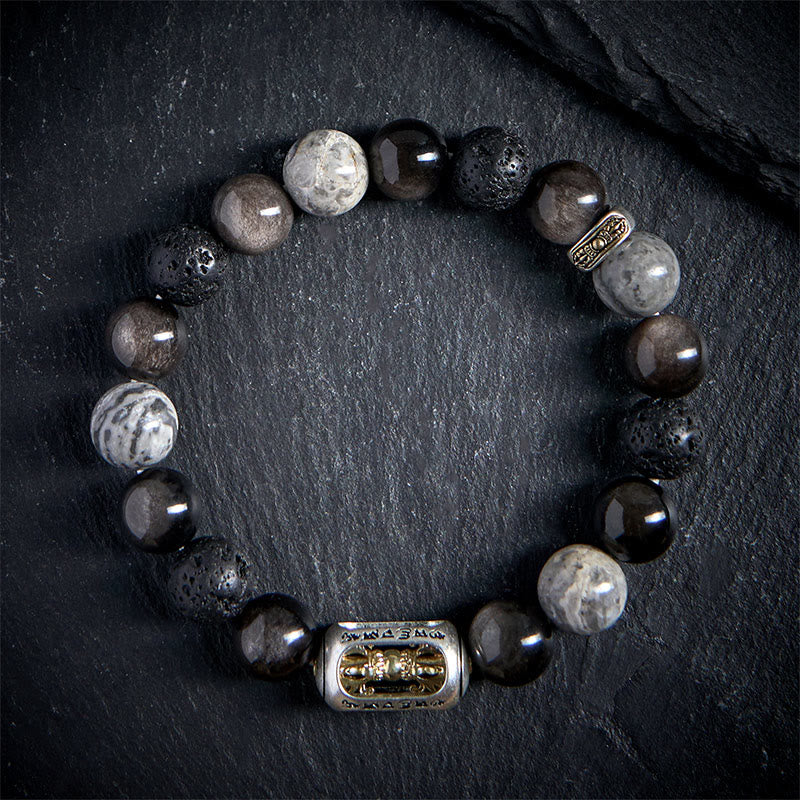 Buddha Stones Silver Sheen Obsidian Lava Rock Grey Jasper Om Mani Padme Hum Vajra Soothing Bracelet