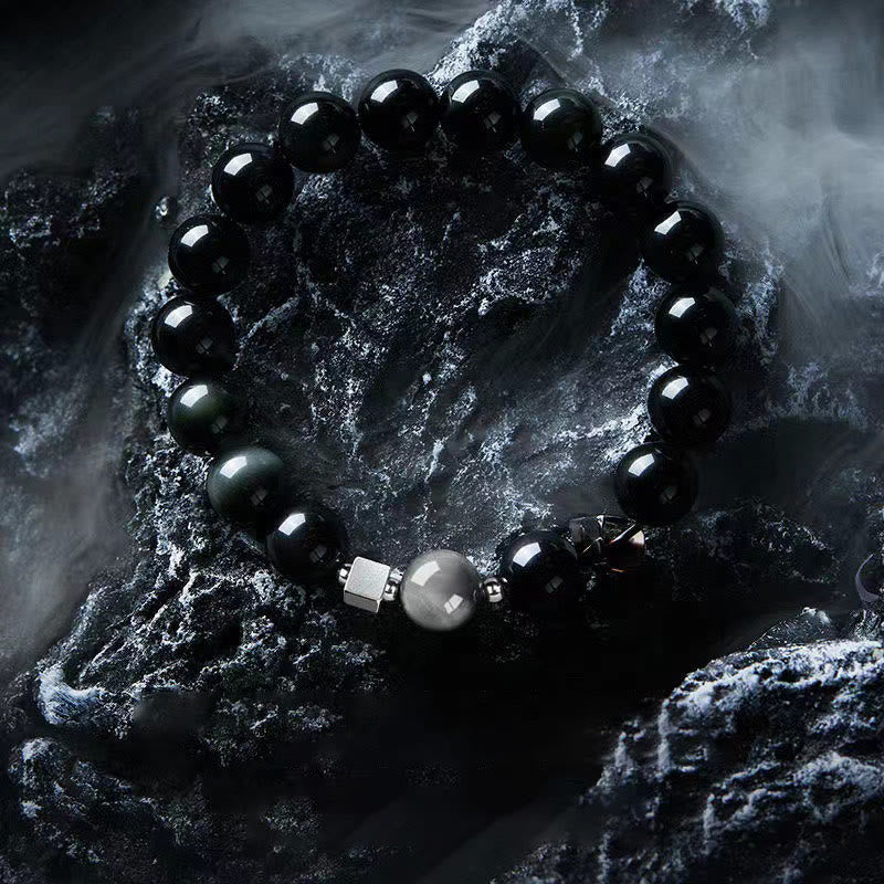 Buddha Stones Black Obsidian Eagle’s Eye Stone Gold Sheen Obsidian Tiger’s Eye Strength Bracelet