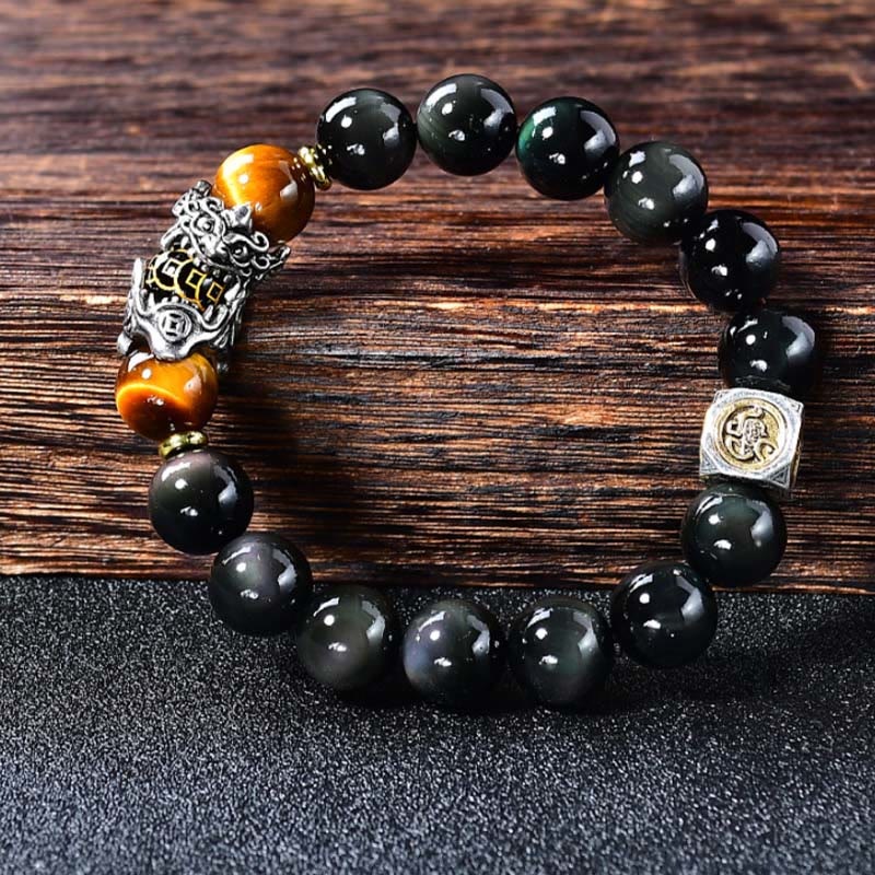 Buddha Stones Natural Black Obsidian PiXiu Tiger’s Eye Transformation Bracelet