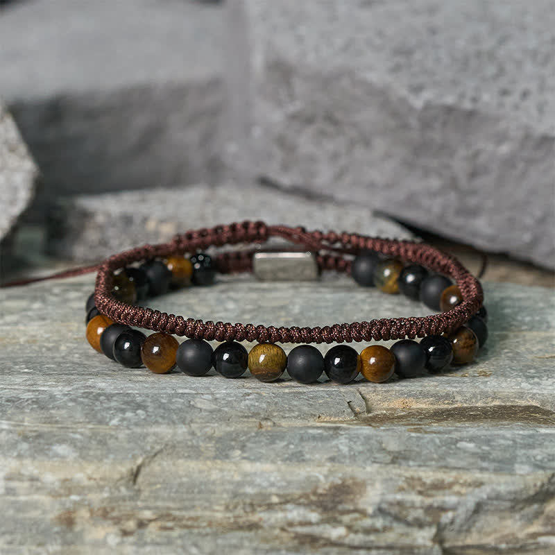 Buddha Stones 2Pcs Natural Tiger Eye Black Obsidian Protection String Bracelet