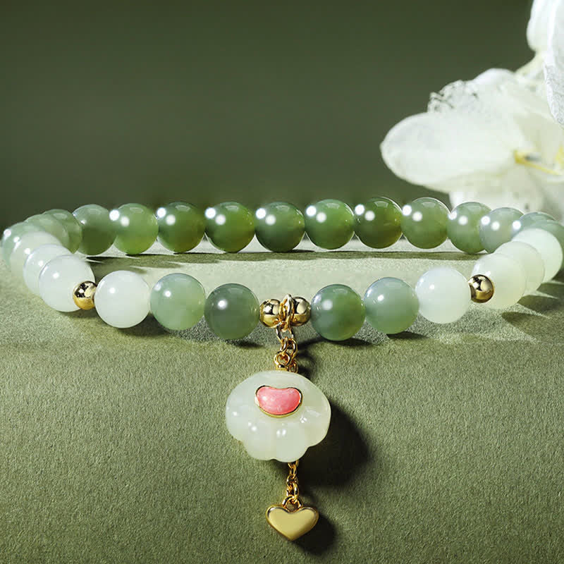 Buddha Stones Natural Hetian Jade Heart Cat Paw Design Abundance Bracelet