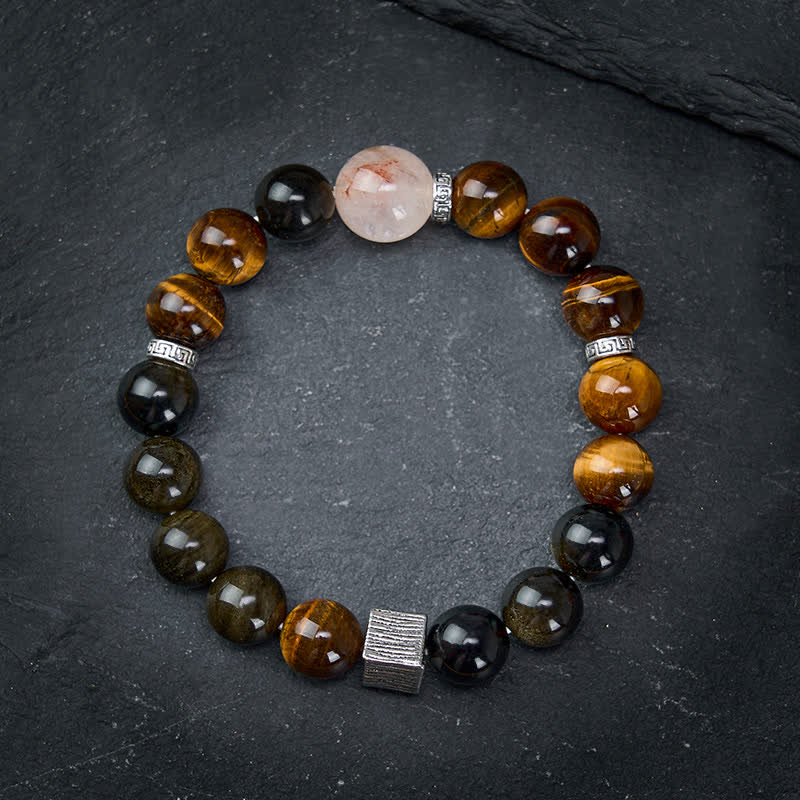 Buddha Stones Tiger Eye Gold Sheen Obsidian Inclusion Quartz Bead Protection Bracelet