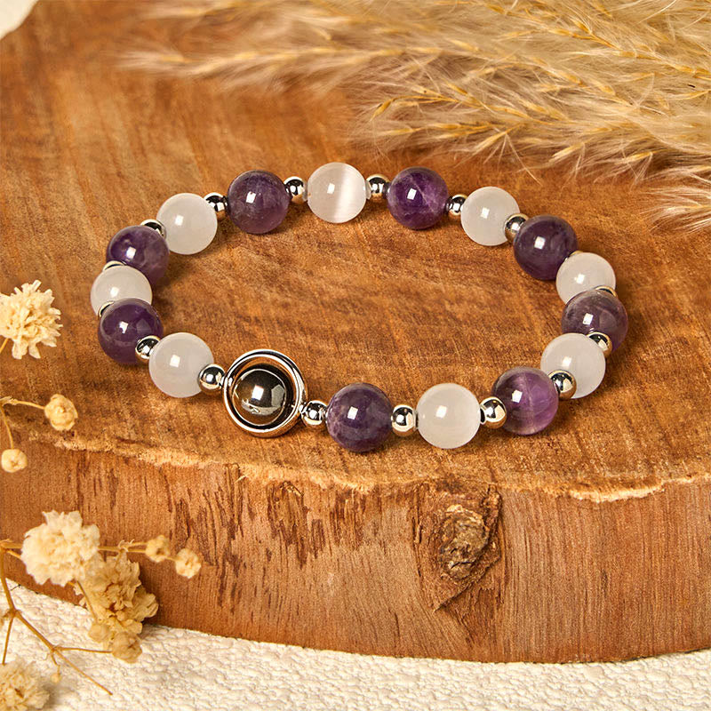 Buddha Stones Natural Amethyst White Cat’s Eye Beads Balance Bracelet