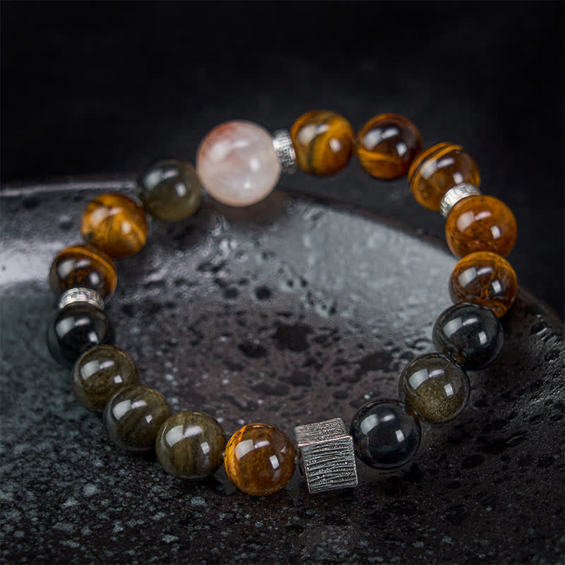Buddha Stones Tiger Eye Gold Sheen Obsidian Inclusion Quartz Bead Protection Bracelet