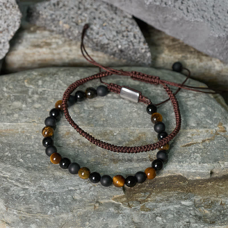 Buddha Stones 2Pcs Natural Tiger Eye Black Obsidian Protection String Bracelet