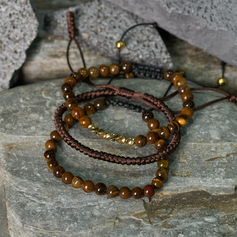 Buddha Stones 3Pcs Natural Tiger Eye Clear Thinking String Bracelet