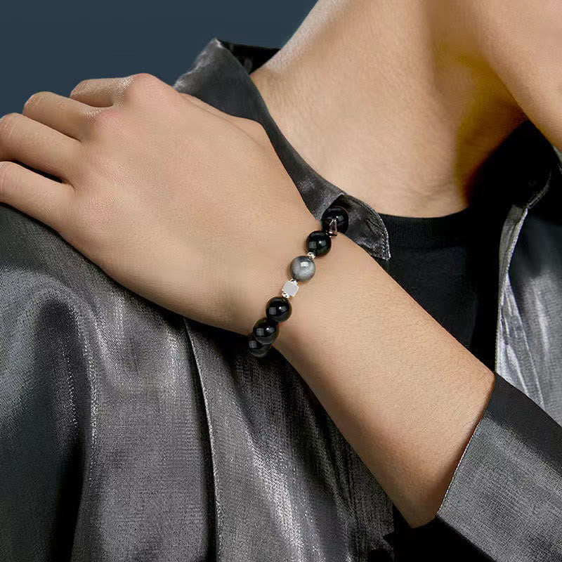 Buddha Stones Black Obsidian Eagle’s Eye Stone Gold Sheen Obsidian Tiger’s Eye Strength Bracelet
