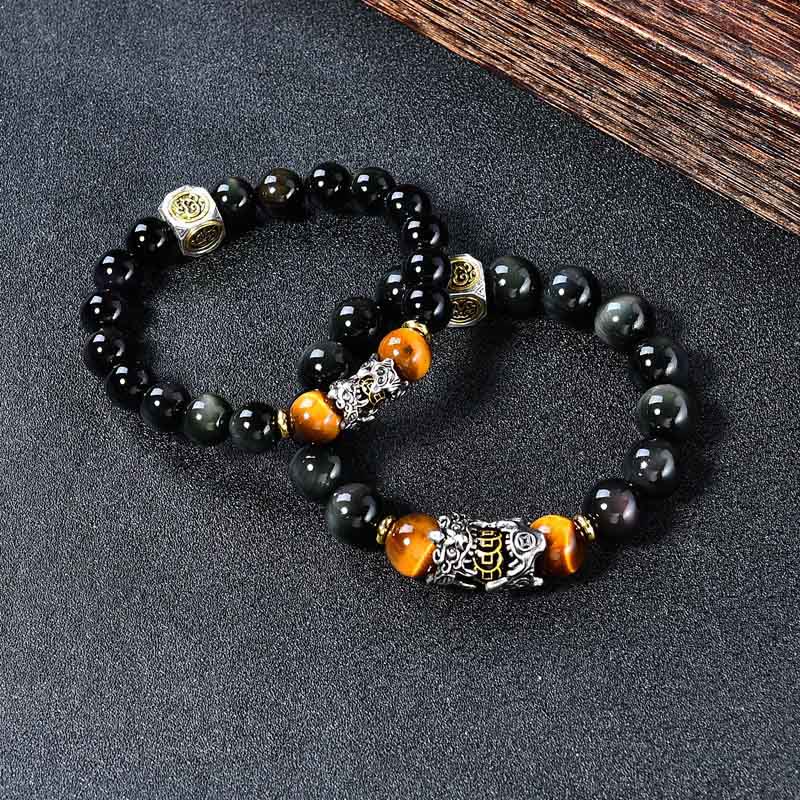 Buddha Stones Natural Black Obsidian PiXiu Tiger’s Eye Transformation Bracelet
