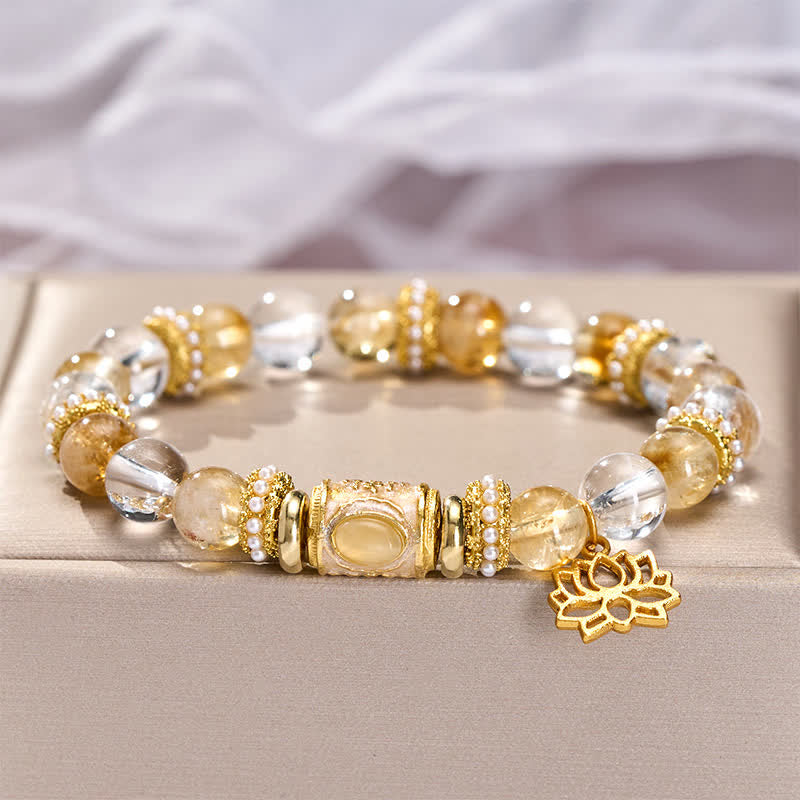 Buddha Stones Citrine Clear Quartz Enamel Barrel Bead Lotus Round Bead Bracelet