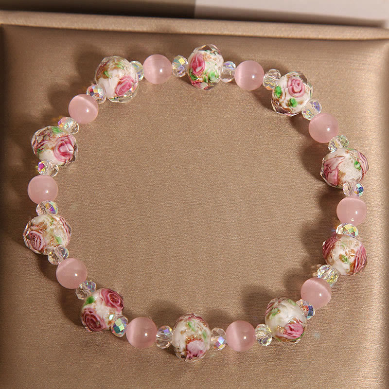 Buddha Stones Pink Crystal Liuli Glass Bead Cat’s Eye Warmth Bracelet