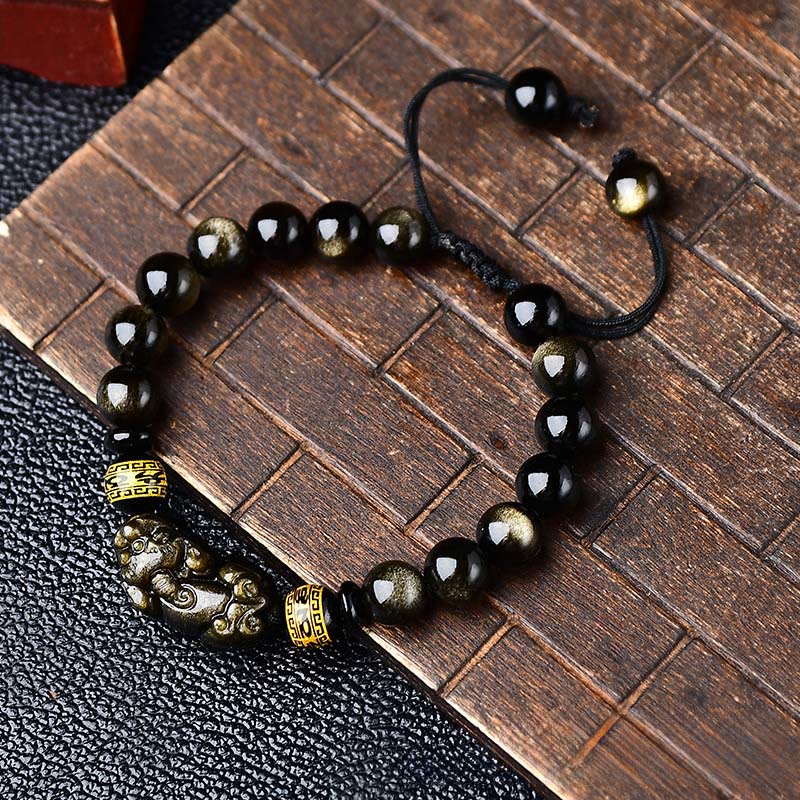 Buddha Stones Natural Gold Sheen Obsidian PiXiu Om Mani Padme Hum Protection Rope Bracelet