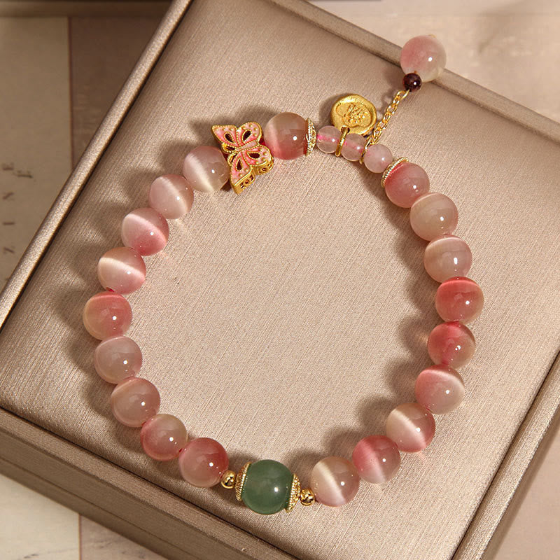 Buddha Stones Gradient Pink Cat’s Eye Butterfly Peace Bracelet