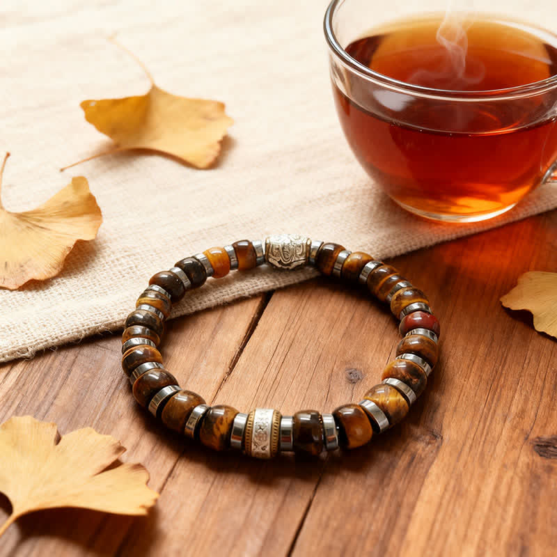 Buddha Stones Natural Tiger Eye Antique Silver Lion Confidence Bead Bracelet