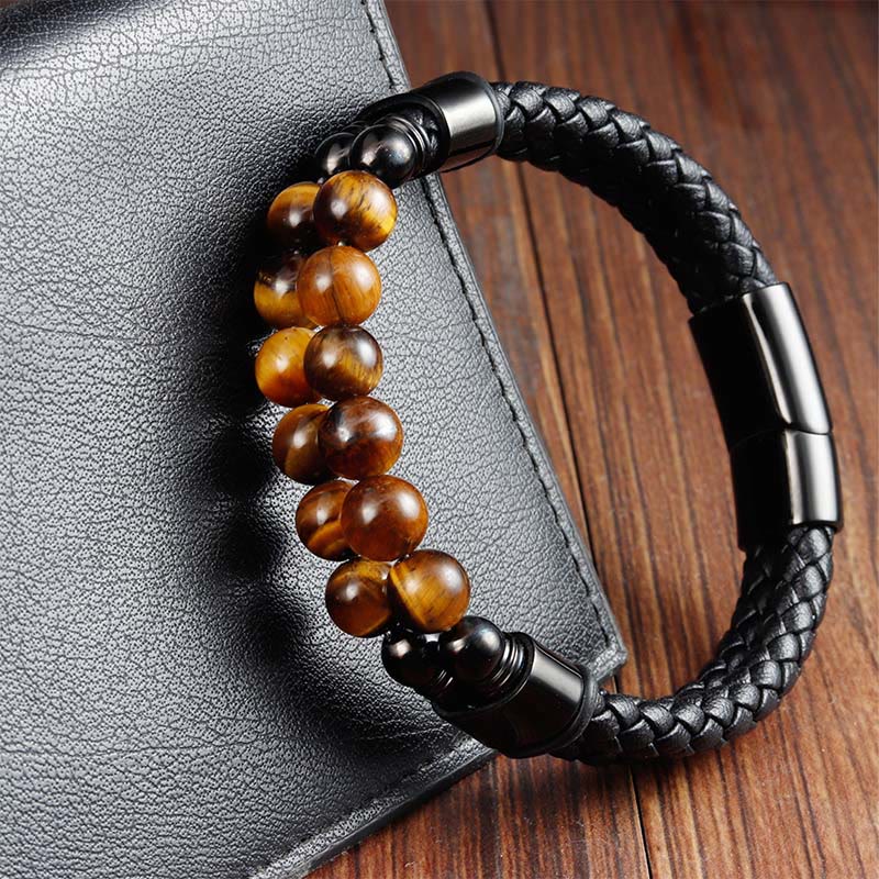 Buddha Stones Tiger Eye Double Wrap Braided Leather Protection Bracelet