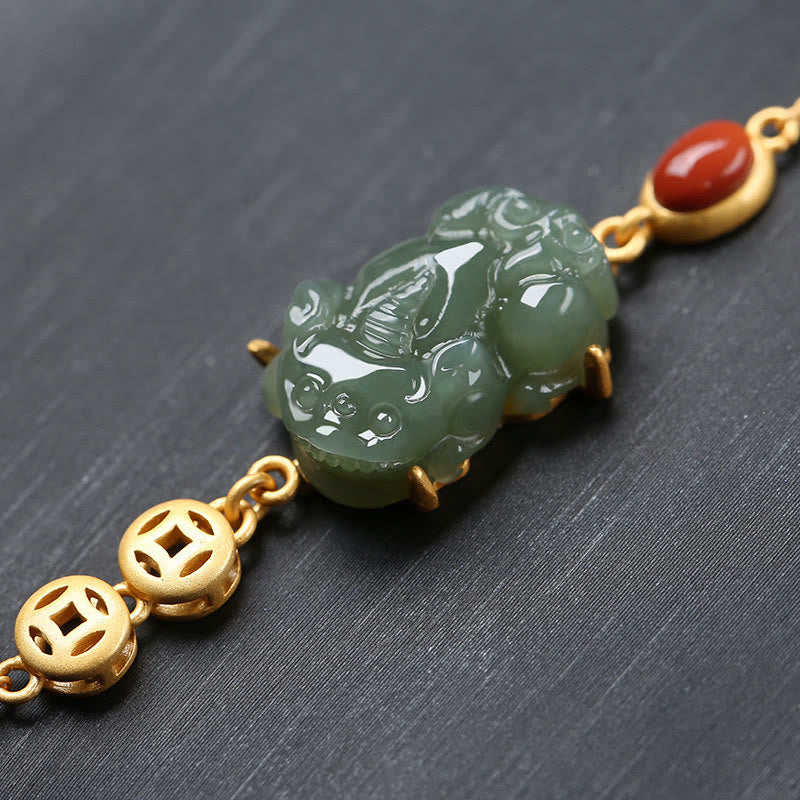 Buddha Stones Cyan Jade PiXiu Copper Coin Red Agate Success Chain Bracelet