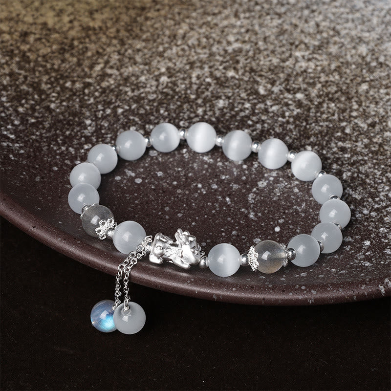 Buddha Stones Natural Cat’s Eye Moonstone Strawberry Quartz PiXiu Support Bracelet