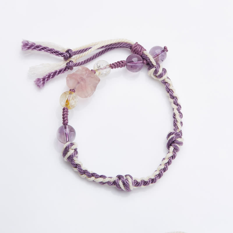 Buddha Stones Natural Fluorite Amethyst Silver Sheen Obsidian Tiger’s Eye Protection Rope Bracelet