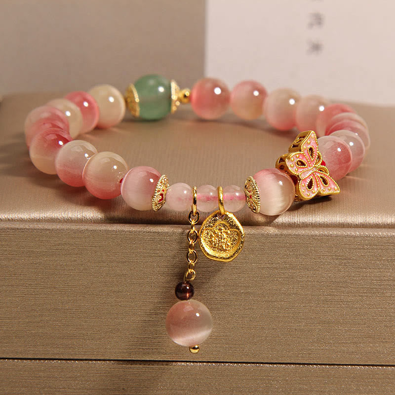 Buddha Stones Gradient Pink Cat’s Eye Butterfly Peace Bracelet