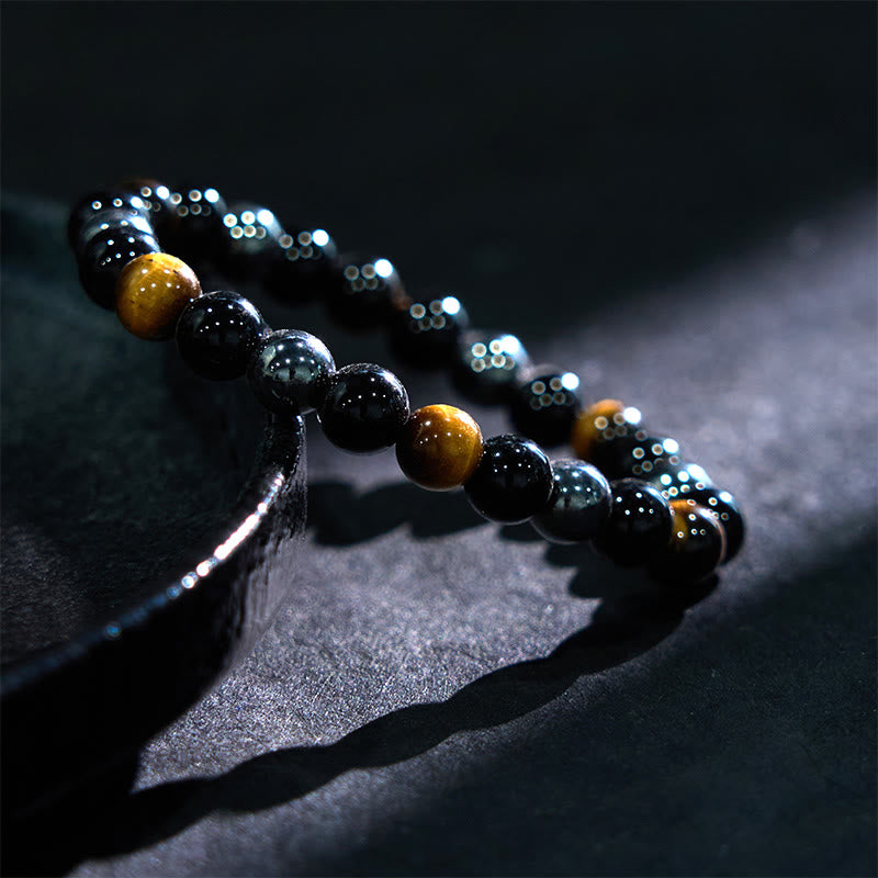 Buddha Stones Natural Tiger’s Eye Obsidian Hematite Positive Powerful Bracelet