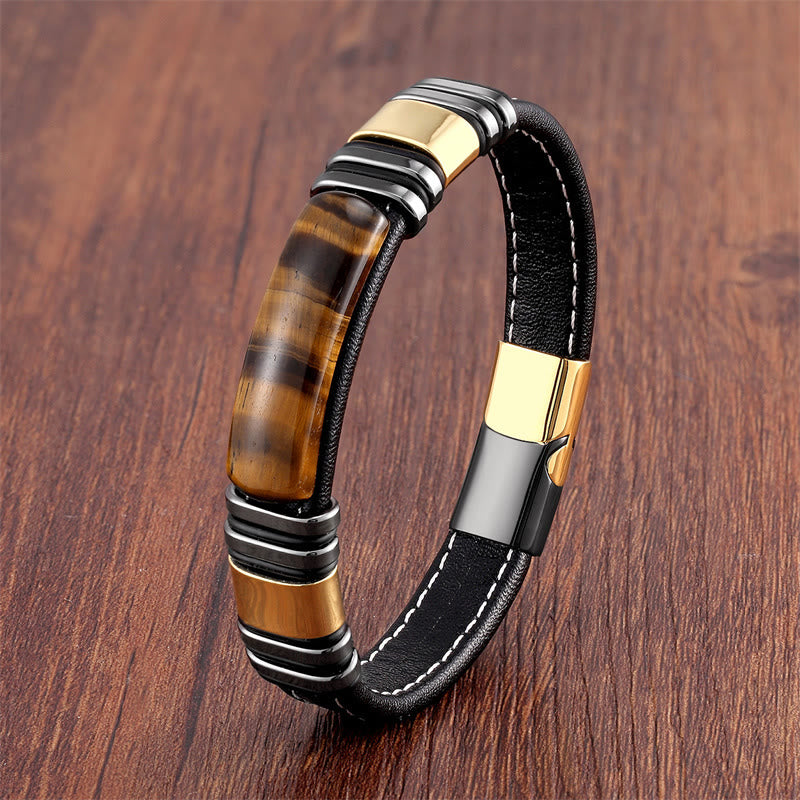 Buddha Stones “Wishing You Courage and Focus” Tiger Eye Leather Bracelet Includes Gift Message Card
