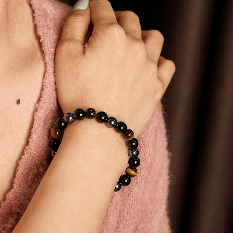 Buddha Stones Natural Tiger’s Eye Obsidian Hematite Positive Powerful Bracelet