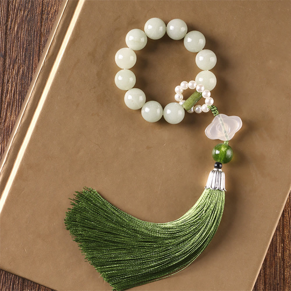 Buddha Stones Green Jade Beads Pearl Prosperity Tassels Wrist Mala