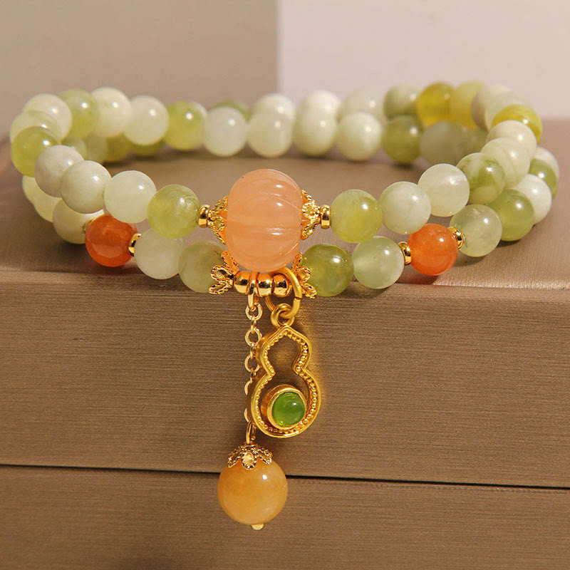 Buddha Stones Double Wrap Gourd Pumpkin Green Grape Serpentine Jade Luck Bracelet