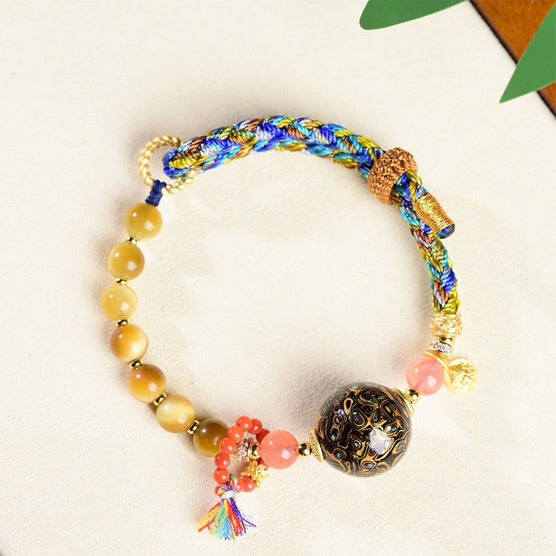 Buddha Stones Tibetan  Lacquer Bead Hand-woven Tiger Eye Stone Protection Bracelet