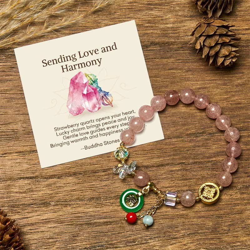 Buddha Stones “Sending Love and Harmony”Strawberry Quartz Bracelet Includes Gift Message Card