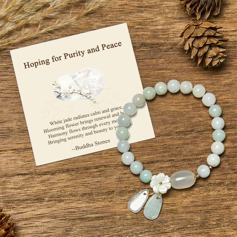 Buddha Stones “Hoping for Purity and Peace”Natural White Jade Bracelet Includes Gift Message Card