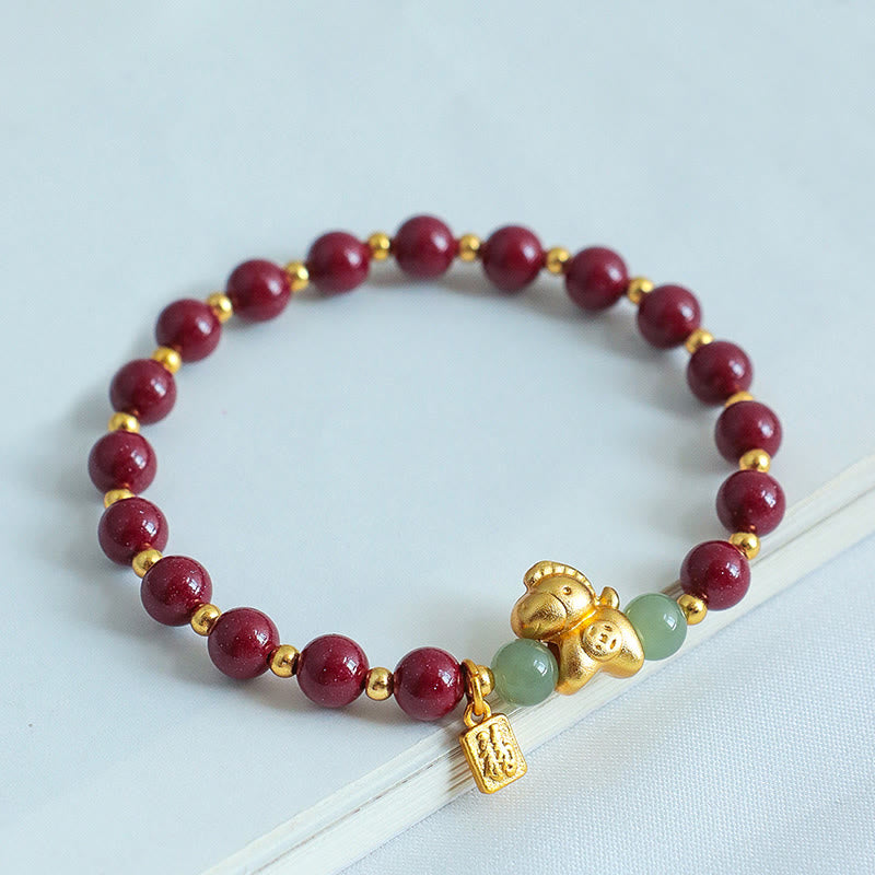 Buddha Stones Chinese Zodiac Year of the Horse Fu Character Cinnabar Hetian Jade Blessing Bracelet
