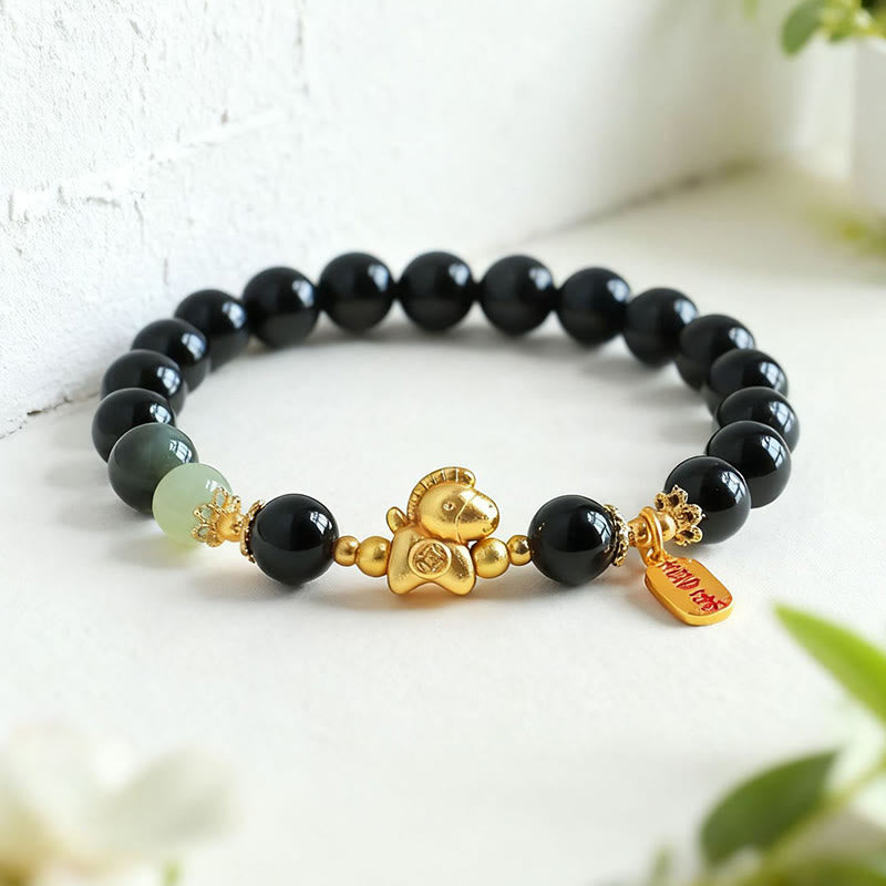 Buddha Stones Year Of The Horse Hetian Jade Black Obsidian Red Agate Strength Bracelet