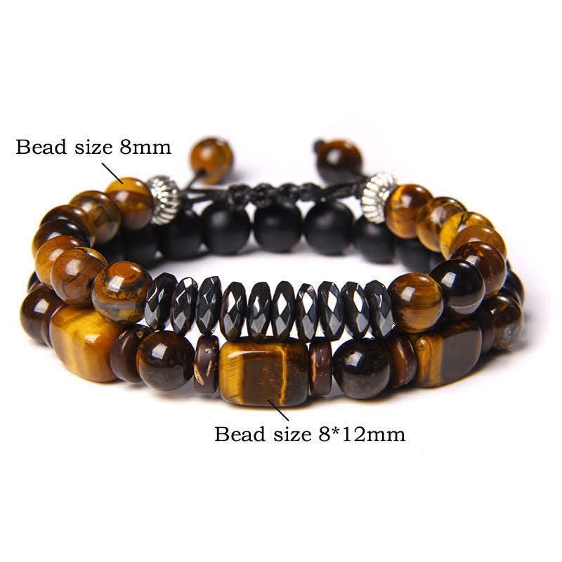 Buddha Stones 2Pcs Tiger Eye Hematite Square Double Wrap Beaded Strength Bracelet