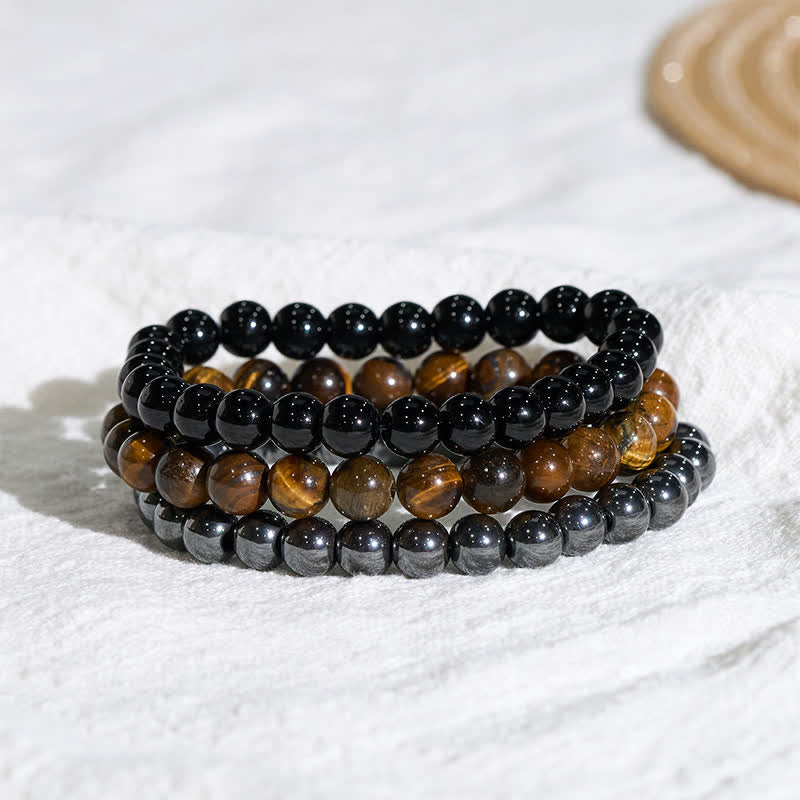 Buddha Stones Tiger Eye Hematite Black Onyx Beaded Strength Bracelet