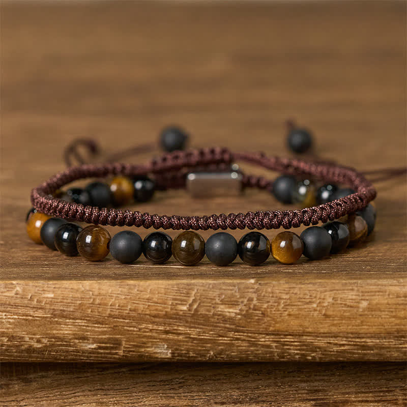 Buddha Stones 2Pcs Natural Tiger Eye Black Obsidian Protection String Bracelet