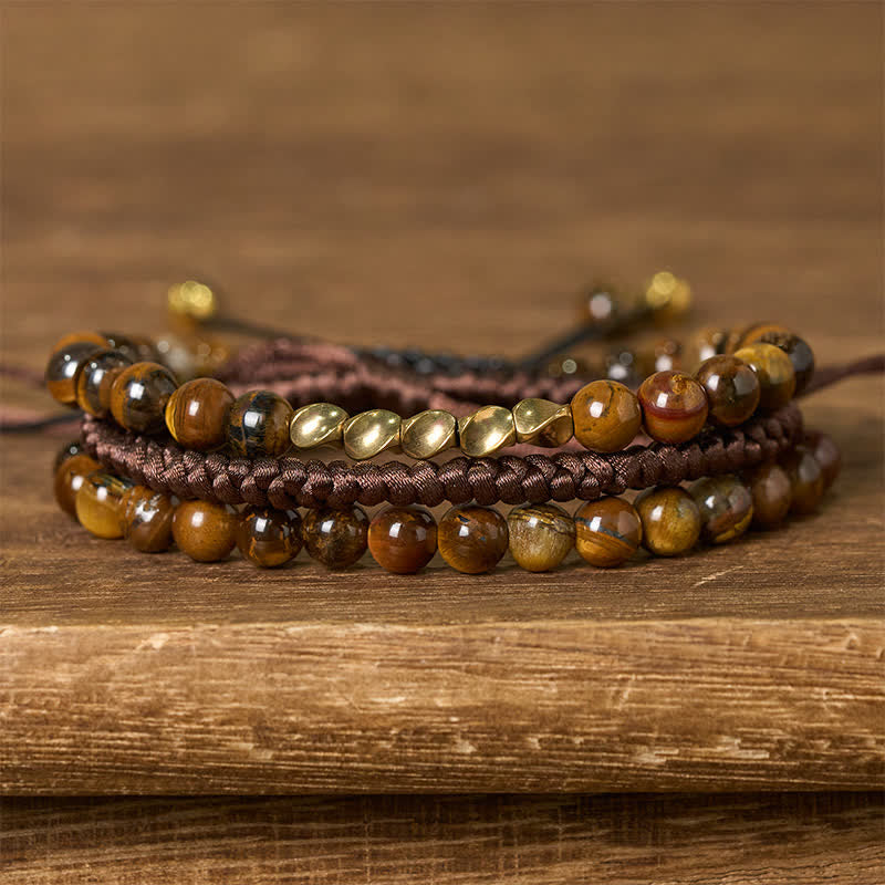 Buddha Stones 3Pcs Natural Tiger Eye Clear Thinking String Bracelet