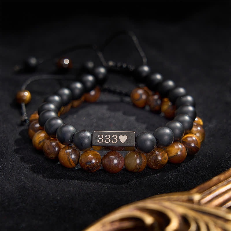Buddha Stones 2Pcs Frosted Stone Tiger Eye 333 222 111 11:11 444 Angel Number Cure Bracelet