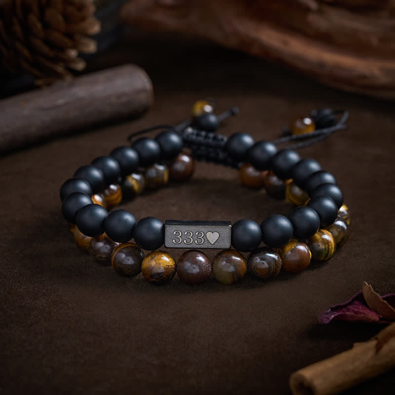 Buddha Stones 2Pcs Frosted Stone Tiger Eye 333 222 111 11:11 444 Angel Number Cure Bracelet