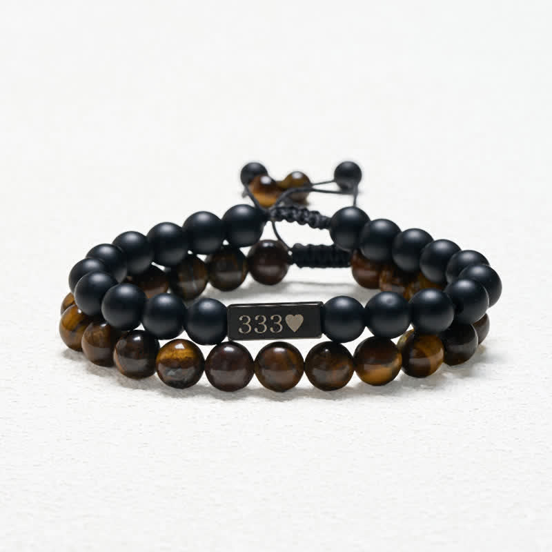 Buddha Stones 2Pcs Frosted Stone Tiger Eye 333 222 111 11:11 444 Angel Number Cure Bracelet
