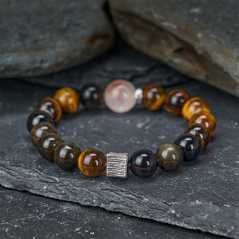 Buddha Stones Tiger Eye Gold Sheen Obsidian Inclusion Quartz Bead Protection Bracelet