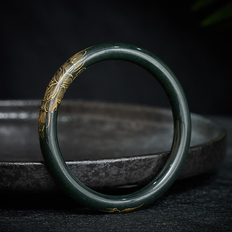 Buddha Stones Natural Cyan Jade Lotus Koi Fish Enlightenment Bangle Bracelet