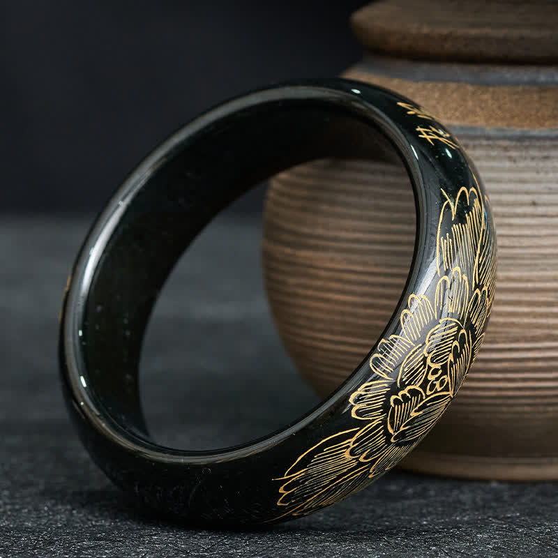 Buddha Stones Natural Cyan Jade Carving Harmony Bangle Bracelet