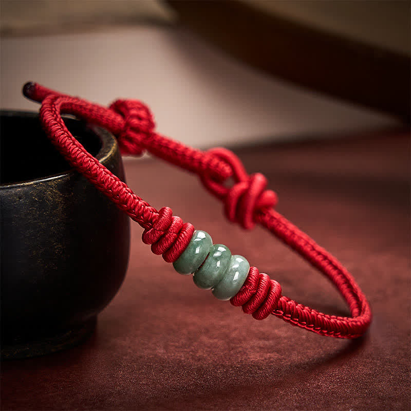 Buddha Stones Handmade Red String Jade Protection Braided Sliding Knot Bracelet
