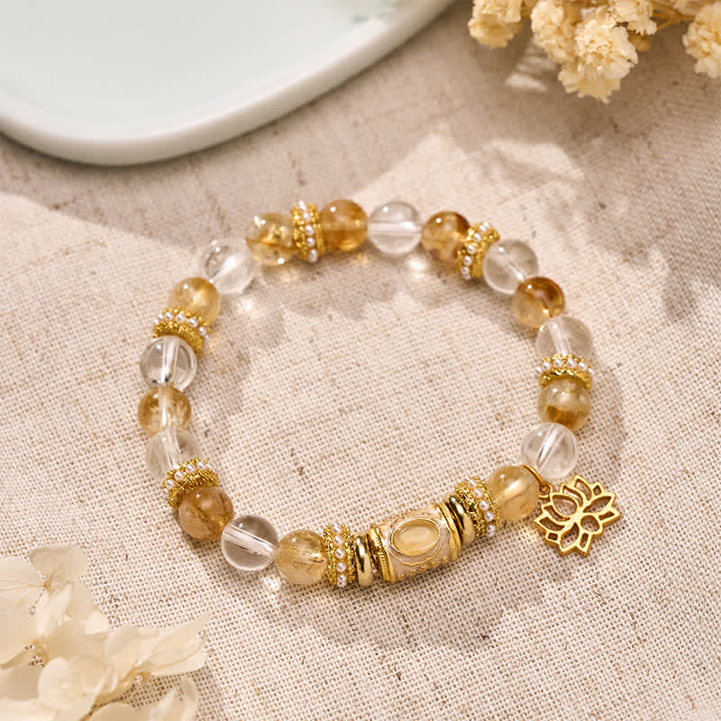 Buddha Stones Citrine Clear Quartz Enamel Barrel Bead Lotus Round Bead Bracelet