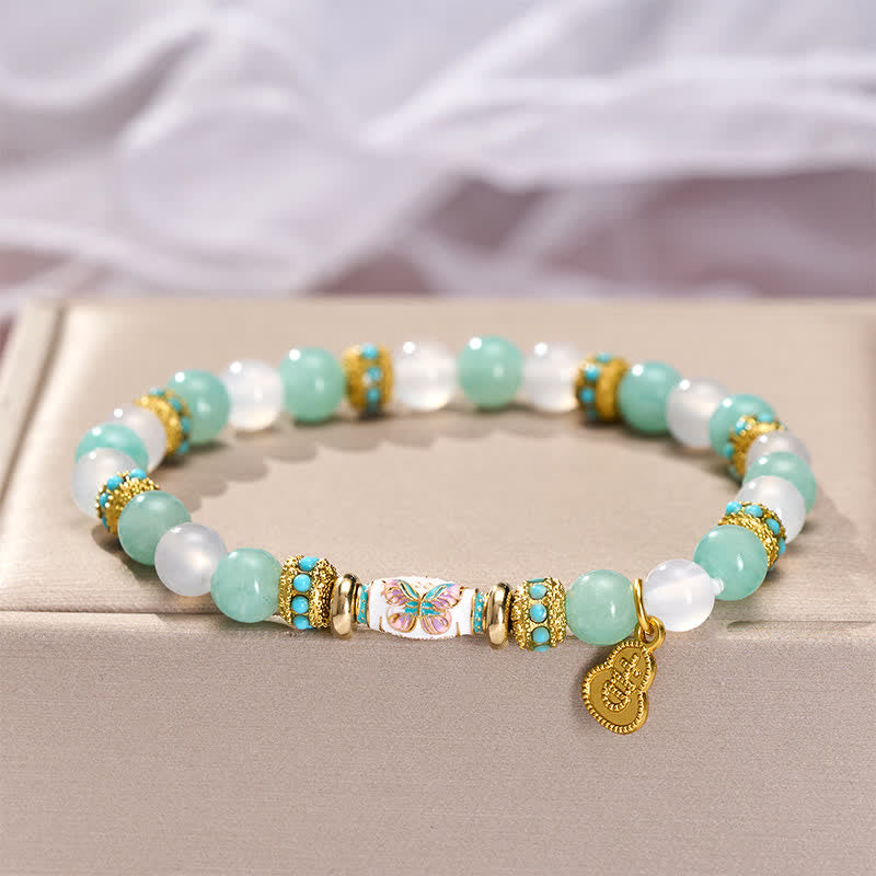 Buddha Stones Amazonite White Agate Enamel Barrel Bead Butterfly Hand Polished Round Bead Bracelet