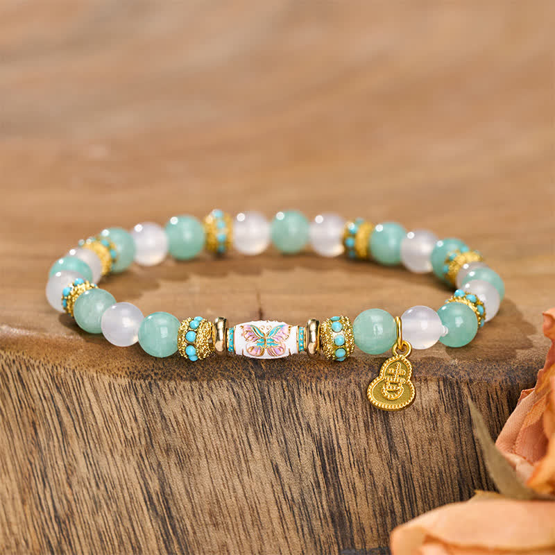 Buddha Stones Amazonite White Agate Enamel Barrel Bead Butterfly Hand Polished Round Bead Bracelet