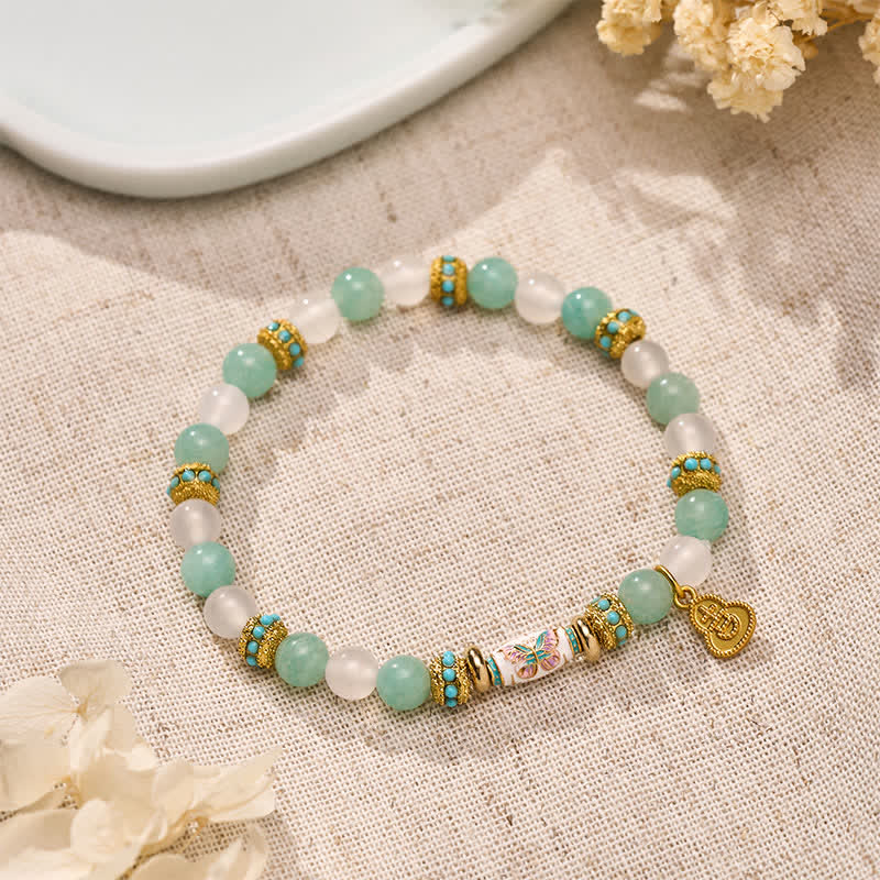 Buddha Stones Amazonite White Agate Enamel Barrel Bead Butterfly Hand Polished Round Bead Bracelet
